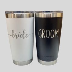 two bride and groom tumblers sitting next to each other