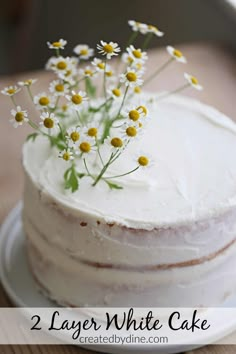 a white cake with daisies on top and the words, 2 layer white cake