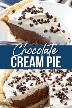 a chocolate cream pie on a white plate