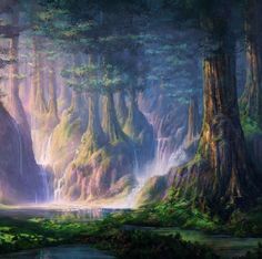 a painting of a waterfall in the middle of a forest with lots of tall trees