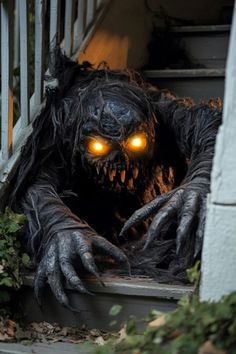 a creepy looking monster with glowing eyes and hands on the front steps of a house