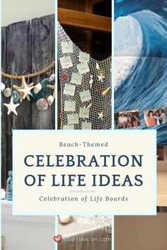 a collage of photos with the words celebration of life boards written in blue and white