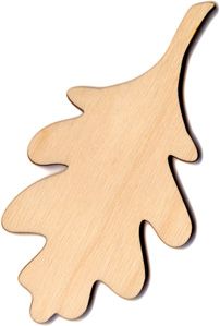 a wooden cutout of an oak tree with leaves on the top and bottom, against a white background