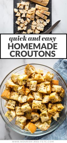 homemade croutons in a glass bowl with text overlay that reads quick and easy homemade croutons