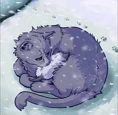 a drawing of a cat laying in the snow with its paw on it's chest