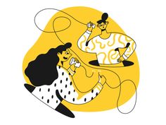 two people are playing with each other on a yellow and white background, one is holding a frisbee