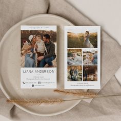 two wedding photos on a plate next to a couple's family photo album cover