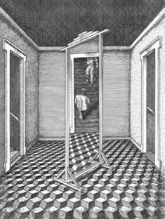 a drawing of an open door in a room with black and white checkered floors