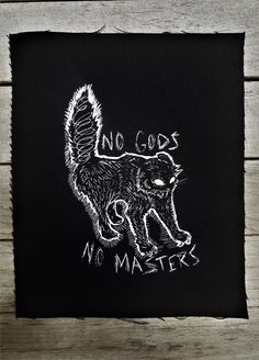 a black and white drawing of a cat with the words no cats, no masters on it