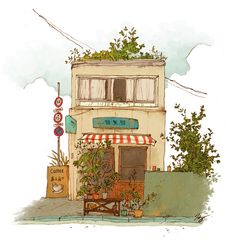 a drawing of a building with plants growing out of it's windows and an awning over the door