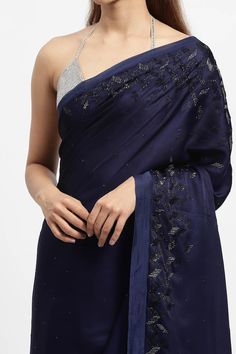 Navy blue saree embroidered with glass bugles and crystals in geometric patterns. Comes with a running blouse piece. - Aza Fashions Evening Saree With Mirror Work For Navratri, Designer Festive Saree With Mirror Work, Resham Embroidered Saree For Navratri Evening, Resham Embroidered Saree For Evening And Navratri, Navratri Evening Saree With Resham Embroidery, Designer Saree With Mirror Work For Festive Occasions, Evening Saree With Resham Embroidery For Navratri, Mirror Work Saree For Evening Navratri Festival, Designer Festive Pre-draped Saree With Cutdana