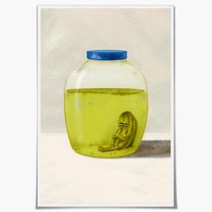 a painting of a jar filled with liquid sitting on top of a white floor next to a wall