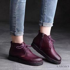 Lasaky - Handcrafted Vintage Leather Short Boots with Side Zipper and Lace-Up Design - Comfortable Flat Sole Ankle Boot Women's Booties, Girls Ankle Boots, Boots Flat, Short Leather Boots, Handmade Boot, Leather Short, Ankle Boots Flat, Genuine Leather Shoes, Prom Shoes