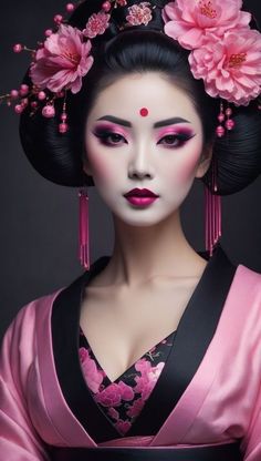 a geisha woman with pink flowers in her hair and make - up on her face