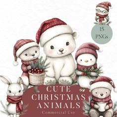 cute christmas animals with hats and scarfs on top of a red sign reading cute christmas animals commercial use