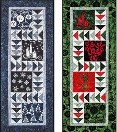 two quilts with different designs on them, one in black and the other in red