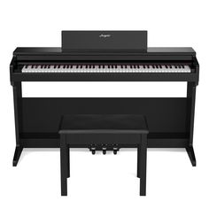 a piano with a bench in front of it and a white background for the image