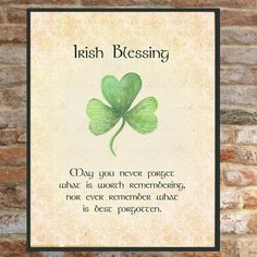 there is a green clover on the wall with words in english and irish proves