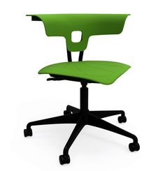 a green office chair with wheels on an isolated white background, viewed from the front