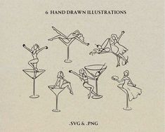 six hand drawn illustrations of martinis and people in cocktail glasses, with the words'6 hand drawn illustrations'above them