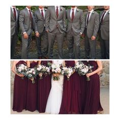 the bride and groomsmid are all dressed in gray suits with maroon ties for their wedding