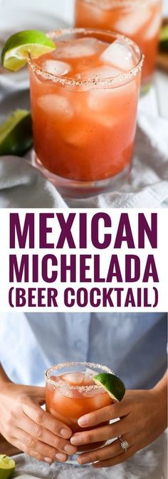 the mexican mechada beer cocktail is served in glasses with lime wedges and garnishes