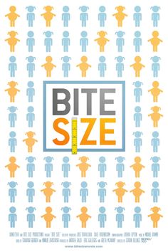 the movie poster for bite size is shown in blue, orange and yellow colors with an arrow