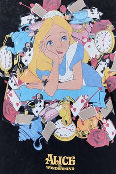 an image of alice in wonderland surrounded by clocks and other things on the cover of a book