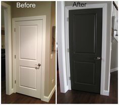 before and after pictures of a white door with black paneling on the bottom half