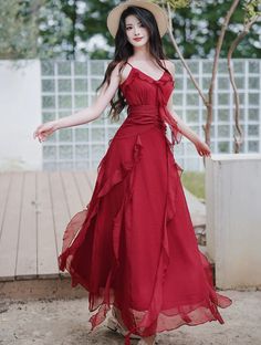 Size: XL Red Chiffon Midi Dress With Ruffles, A-line Maxi Dress With Ruffles For Vacation, Red Ruffled Dress For Summer, Red Flowy Ruffled Dress, Red Flowy Ruffle Dress, Red Dress With Flowy Skirt And Ruffles, Red Dress With Ruffles And Flowy Skirt, Red Flowy Dress With Ruffles, Red Tiered Midi Dress With Ruffles