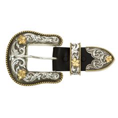 This silver three piece buckle set of a buckle frame, keeper loop and belt tip features beautifully antiqued silver filigree scrolls accented with gold flowers and trimmed with antiqued gold twisted rope. Fits a 1 1/2 inch wide belt. Antique Filigree, Western Buckles, I'm Crazy, Western Belt Buckles, Western Belts, Western Jewelry, Wide Belt, Silver Filigree, Gold Flowers