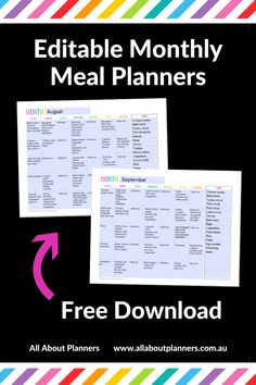 the editable meal planner is shown with text overlaying it and an arrow pointing to