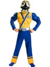 a man in a blue and yellow costume standing with his hands on his hipss