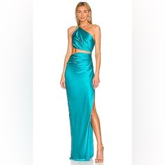 There Is A Black Line Through The Designer Name To Prevent Any Illegal Store Returns. Dress For Races, Aqua Dress Formal, Aquamarine Bridesmaid Dress, Aqua Formal Dress, Blue Silk Evening Dress For Dinner, Blue Silk Maxi Dress For Night Out, Turquoise Dress Outfit Wedding, Aqua Dress Outfit, Aqua Blue Prom Dress