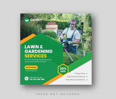 a green and yellow flyer with a man using a lawn mower in the garden