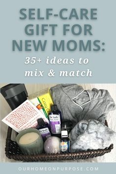 a basket filled with lots of items on top of a bed next to a pillow