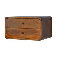 a wooden box with two drawers on the front and one drawer in the back, against a white background