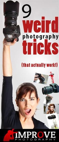 a woman holding up a camera in front of her face with the words weird photography tricks that actually work