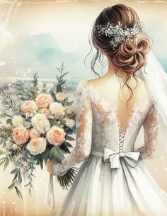 a painting of a bride holding her bouquet