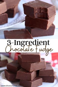 three ingredient chocolate fudge is stacked on top of each other