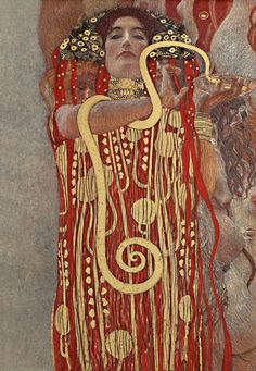 a painting of a woman in red and gold with a snake wrapped around her neck