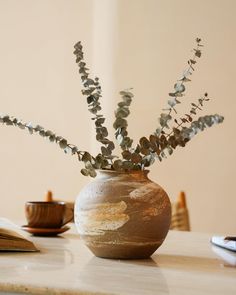 a vase with some plants in it sitting on a table next to a book and cup