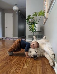 a young boy laying on the floor next to a large white dog and smiling at the camera