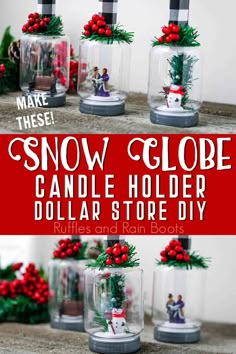 snow globe candle holder dollar store diy with text overlay that says make these