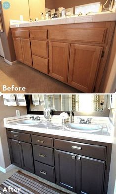 before and after pictures of a bathroom vanity