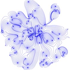 an abstract blue and white pattern with wavy lines on the center, as well as flowers