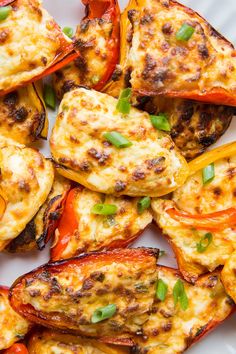 grilled eggplant and peppers on a white plate with green onion garnish