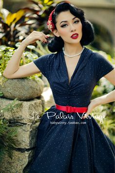 Navy Polka Dot Dress, Blue Polka Dot Dress, Retro Looks, Pin Up Outfits, Dapper Day