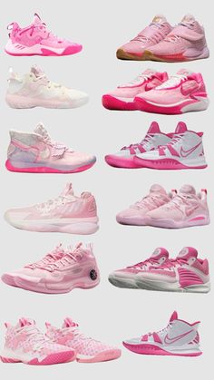 the nike sneakers are all in different colors and sizes, but they have pinks on them