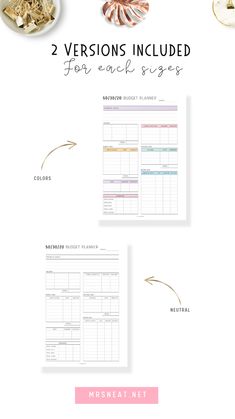 two versions of the meal planner are shown in pink and white, with text that says 2 versions included for each recipe